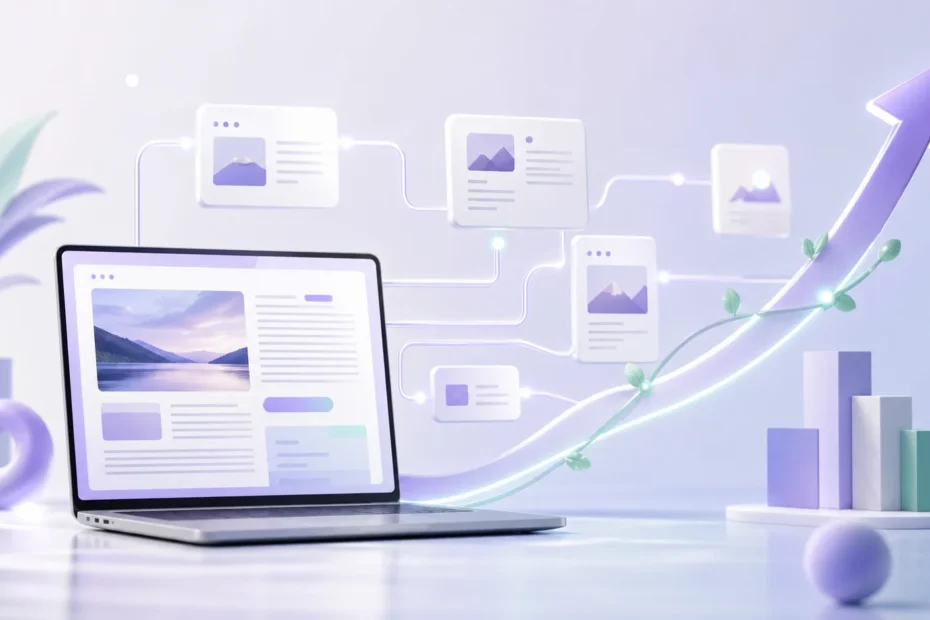 Illustration d’un écosystème de pages web progressant grâce au référencement naturel